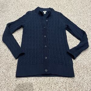 LL Bean Double L Mixed Cable Knit Sweater Sz S Navy Cotton Fisherman Button
